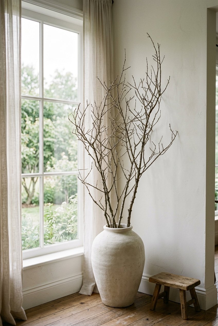 Oversized ceramic vase with tall branches in a modern living room