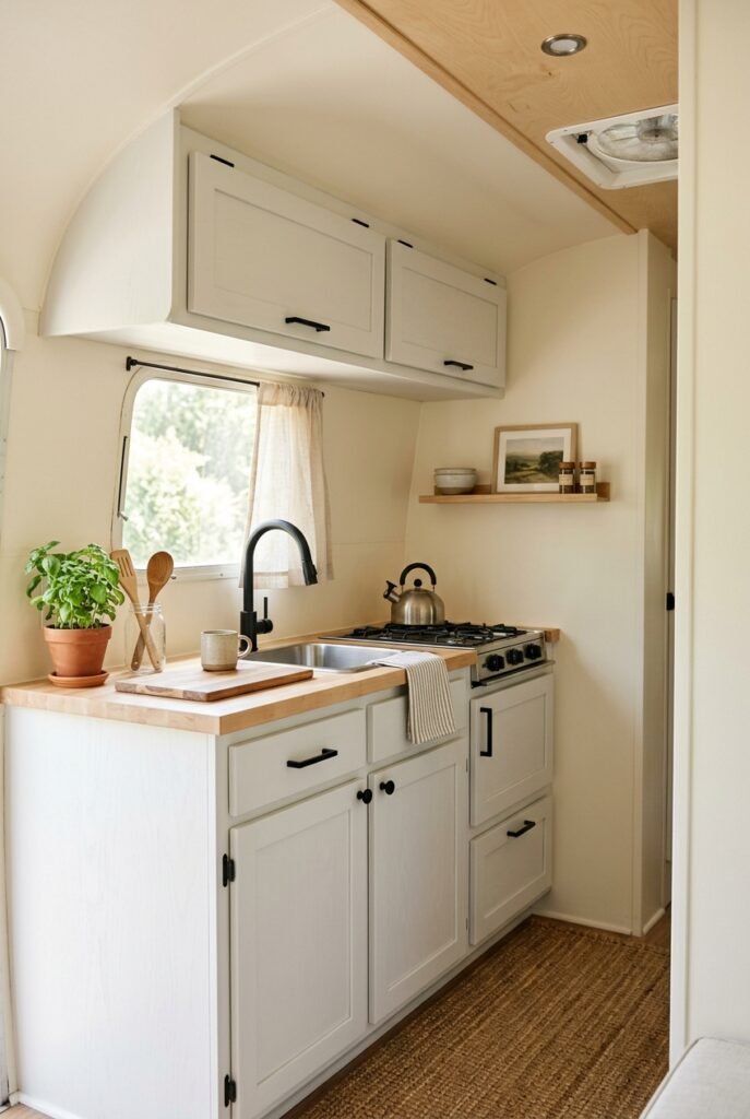Camper kitchen with freshly painted white cabinets and light walls
