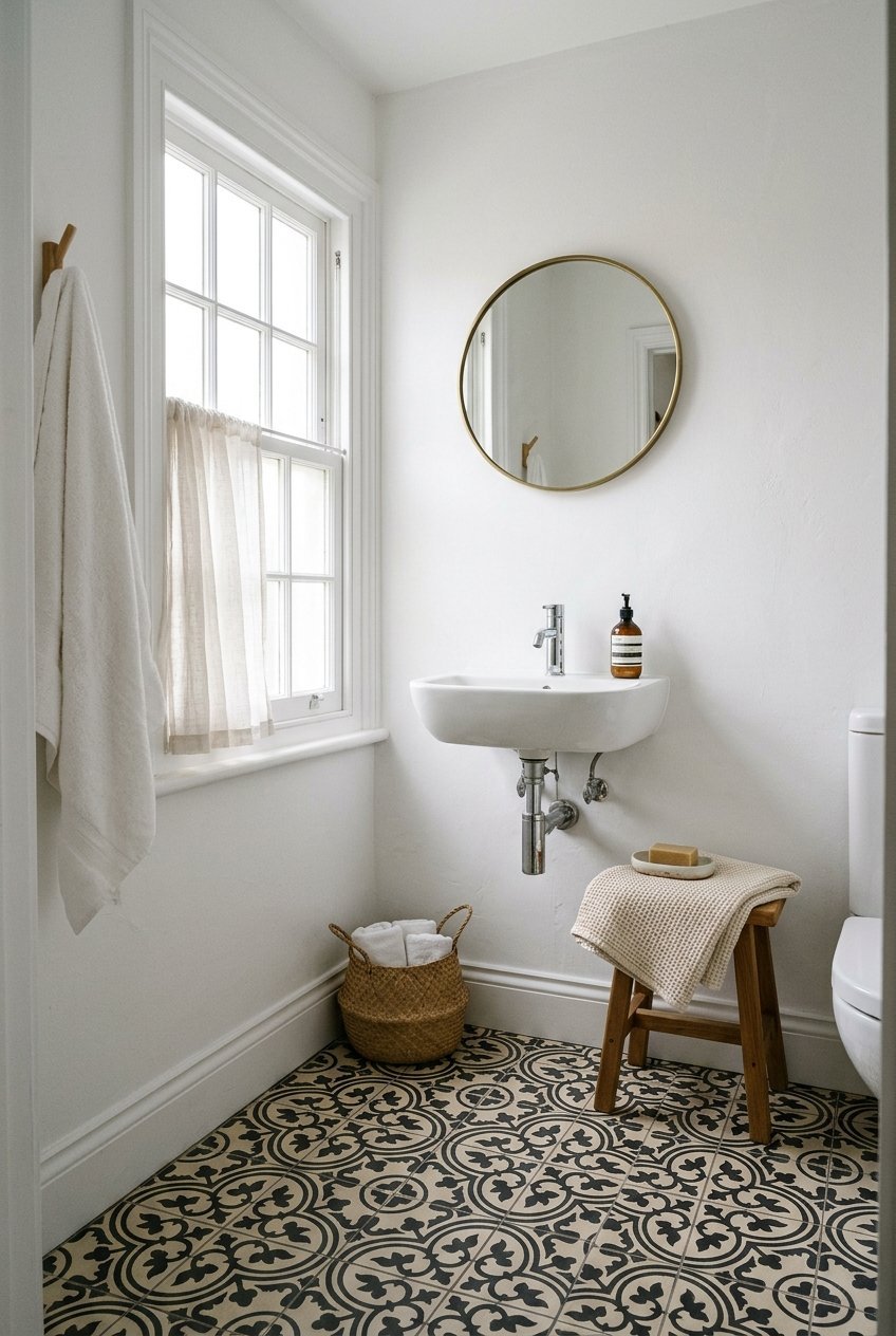 Patterned cement look bathroom floor tile in black and cream