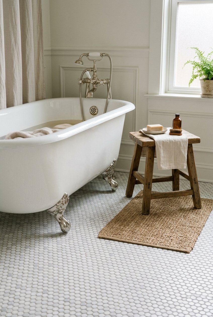 Penny round mosaic bathroom floor tile in soft white and gray