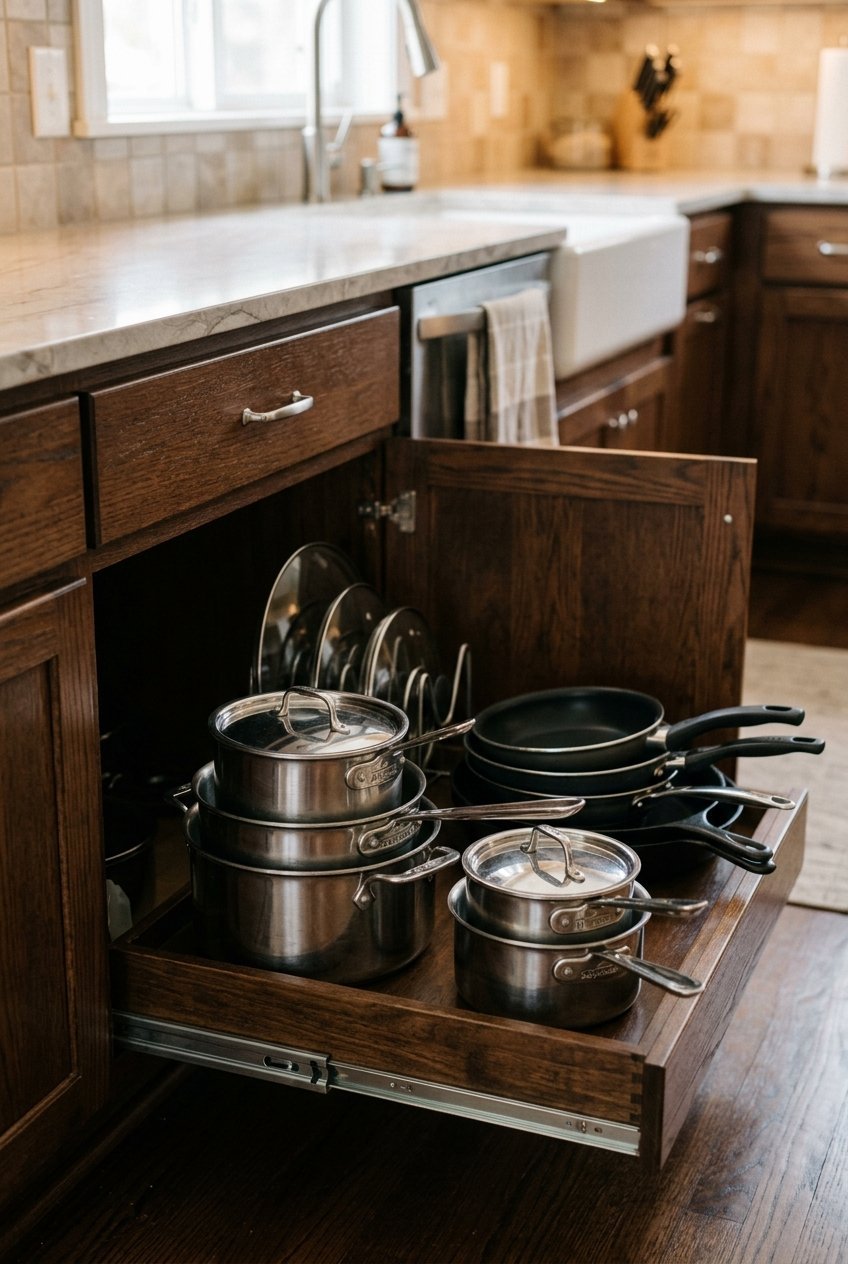 Pull out shelf fully extended in a deep kitchen cabinet