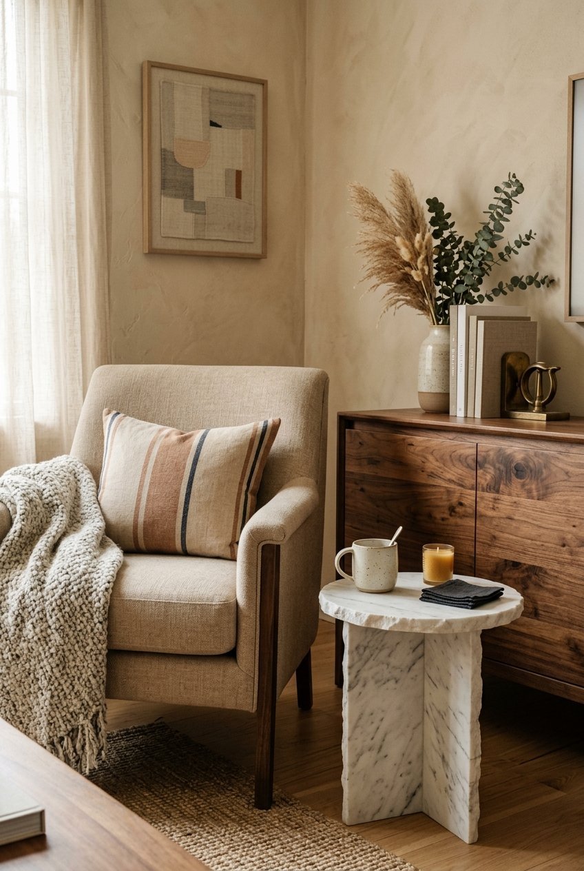 Marble, solid wood, and linen materials used in a luxury interior