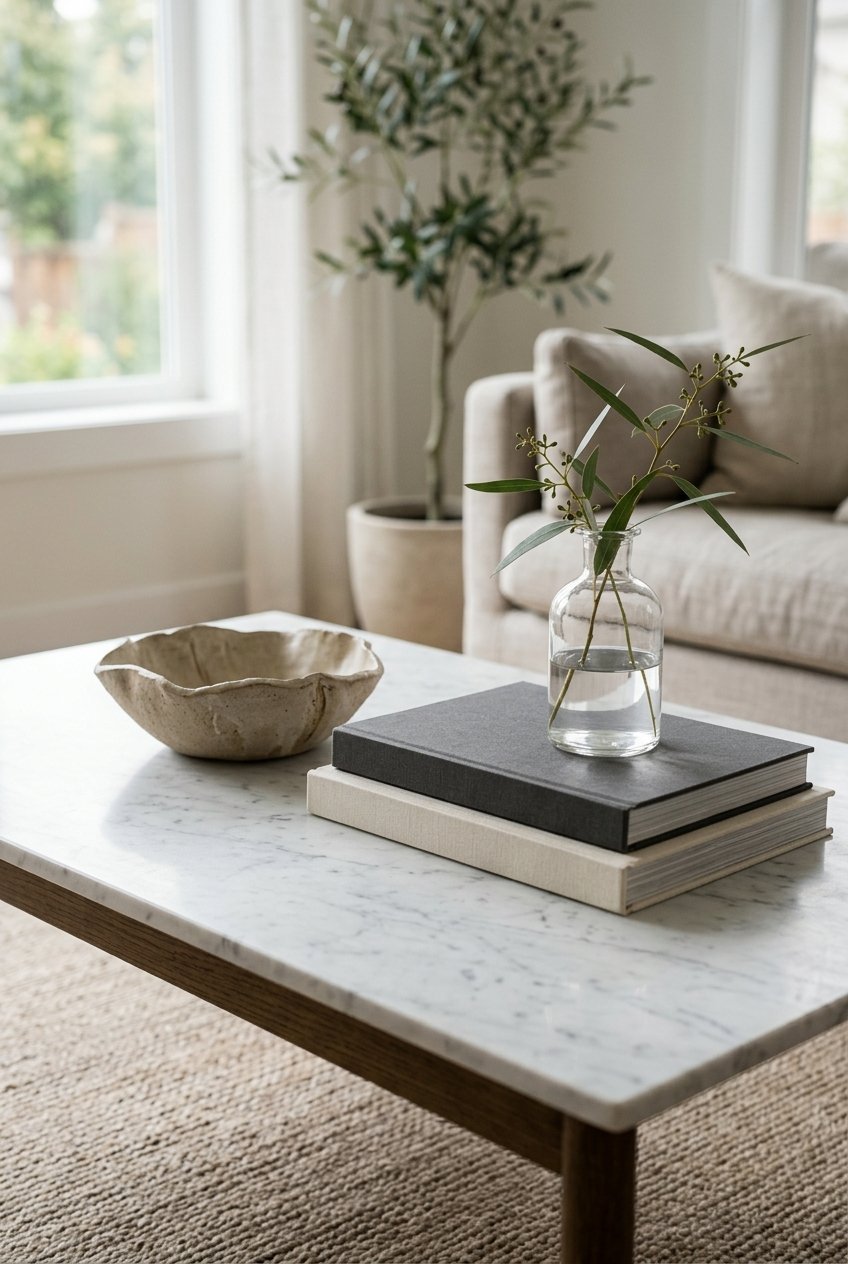 Restrained styling with a few curated objects on a luxury coffee table