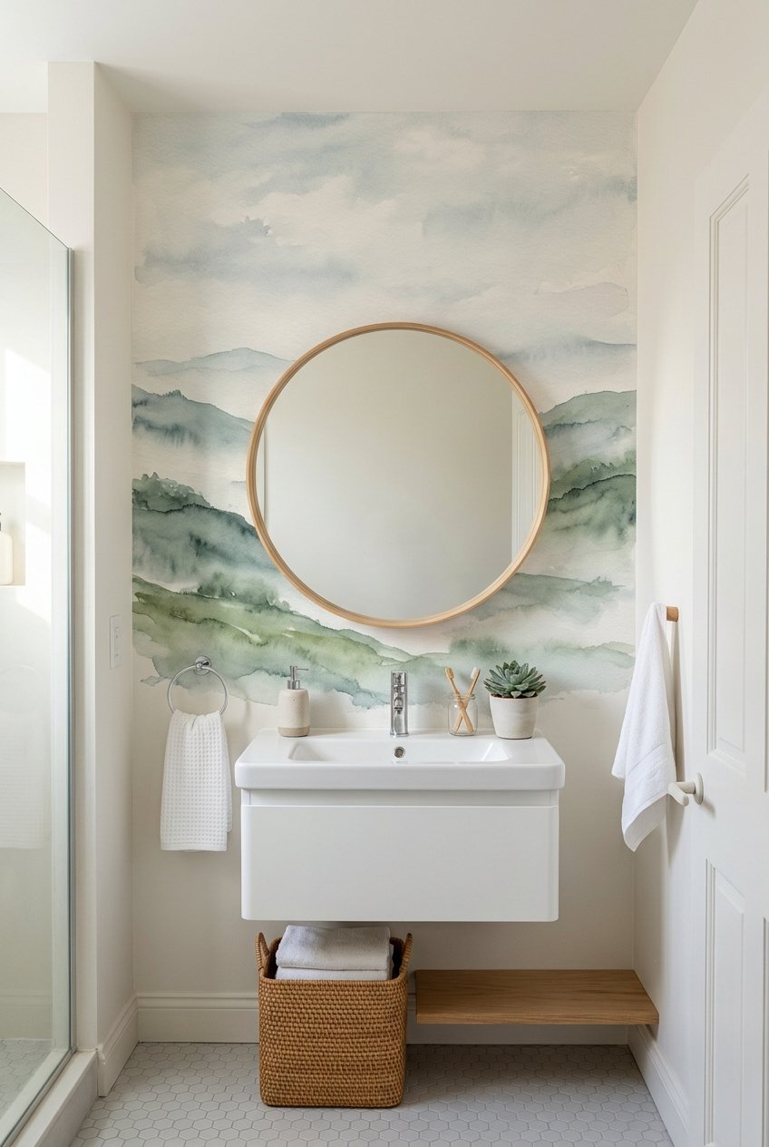 Scenic landscape mural wallpaper on one wall of a small bathroom