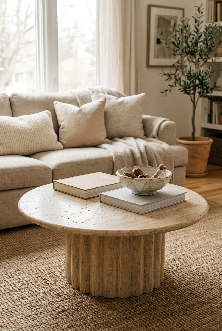Sculptural travertine coffee table styled with books and a bowl