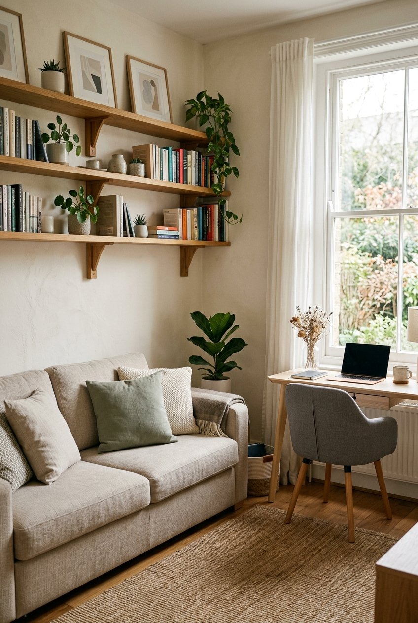 Neutral sleeper sofa in a home office that converts to a guest bed