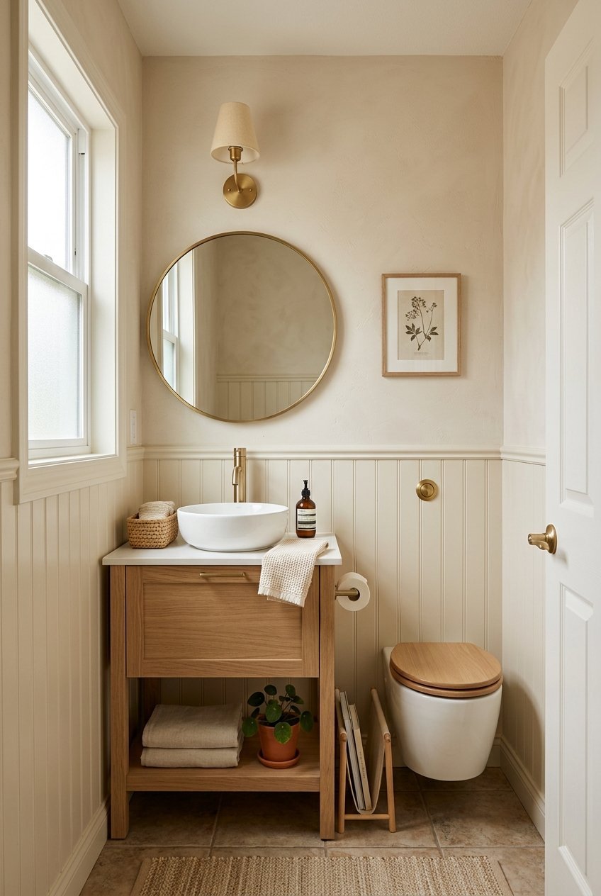 Small narrow bathroom vanity in a compact powder room