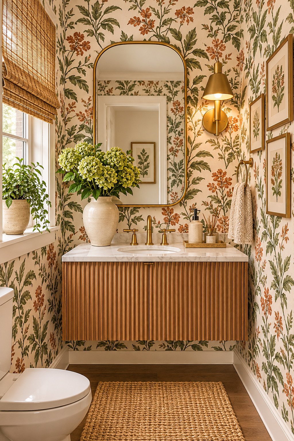 Small bathroom wallpaper ideas shown in a powder room with green and rust botanical wallpaper and a fluted wood vanity