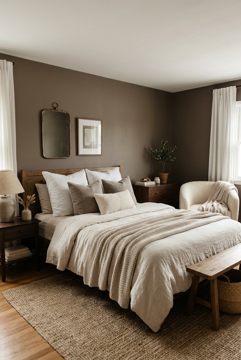 Smoky taupe bedroom with layered neutral textiles