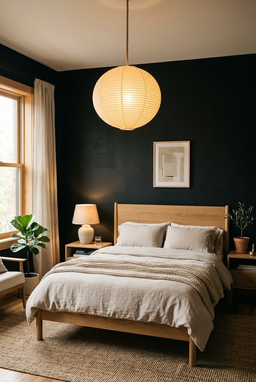 Soft black bedroom with natural wood furniture and linen bedding
