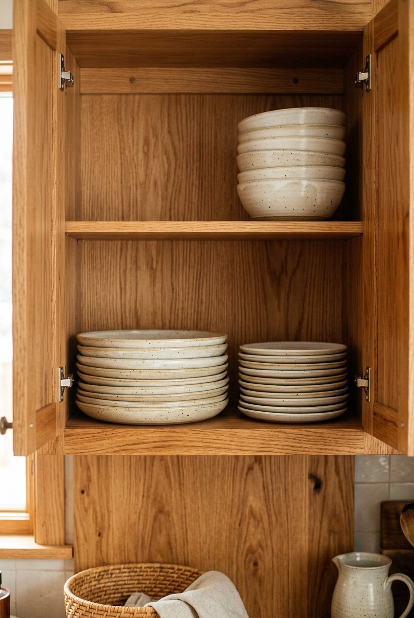 Plates and bowls stacked by size in a kitchen cabinet