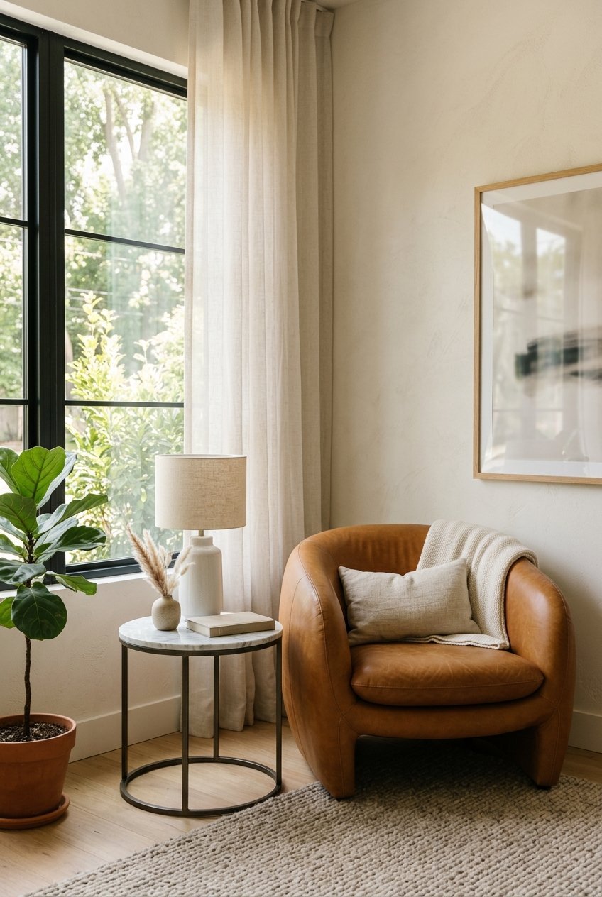 Sculptural accent chair with a small side table in a modern living room