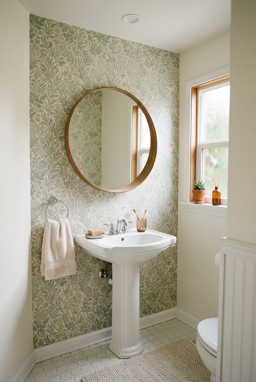 Patterned accent wall adding a statement detail to a small bathroom