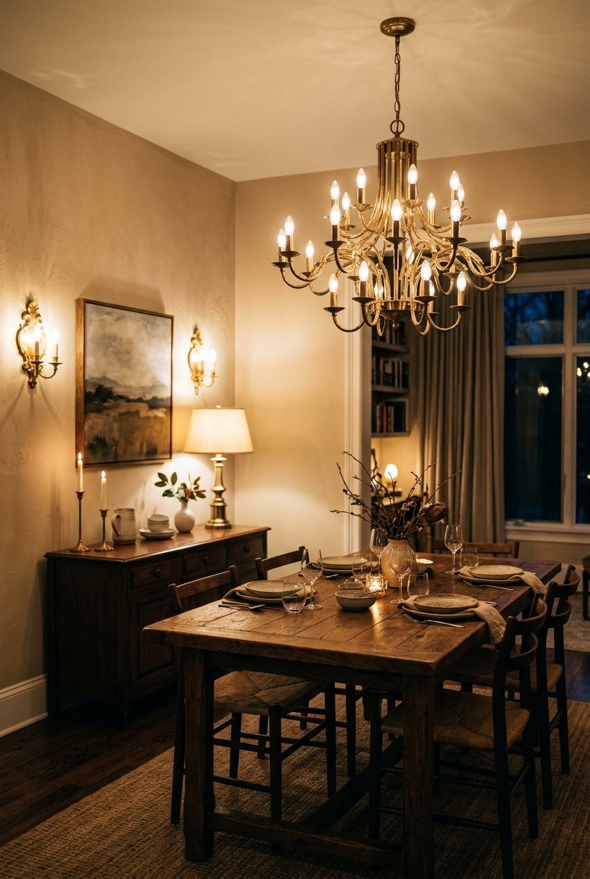 Statement chandelier with layered lamp lighting in a luxury dining room