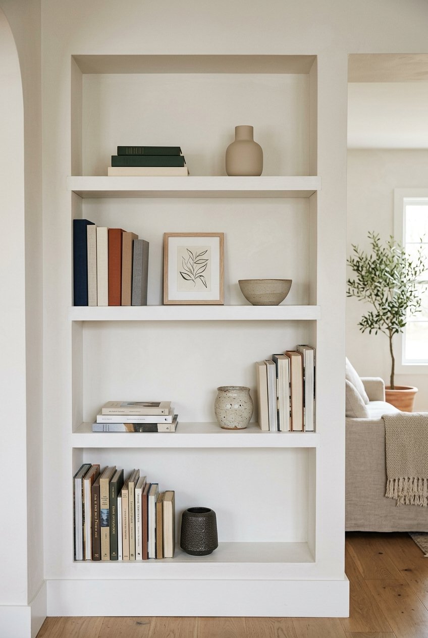 Styled built in bookshelves with books, ceramics, and framed art in a living room