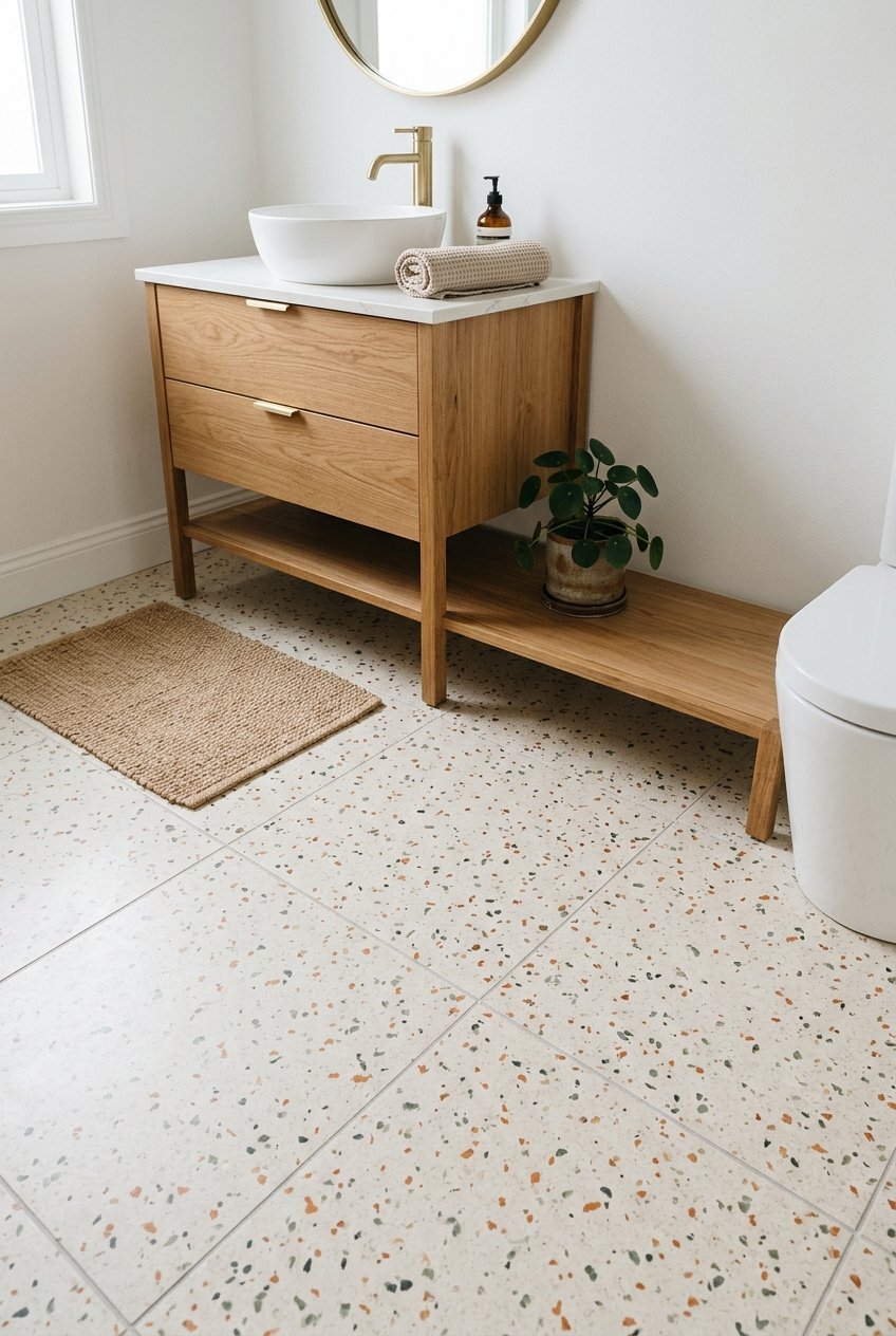Terrazzo bathroom floor with cream base and small colored chips