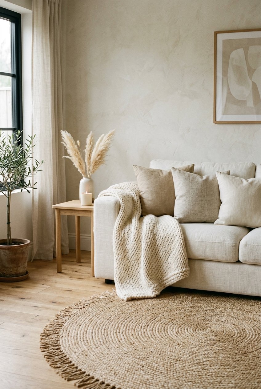 Layered neutral textures including a wool throw and jute rug in a living room