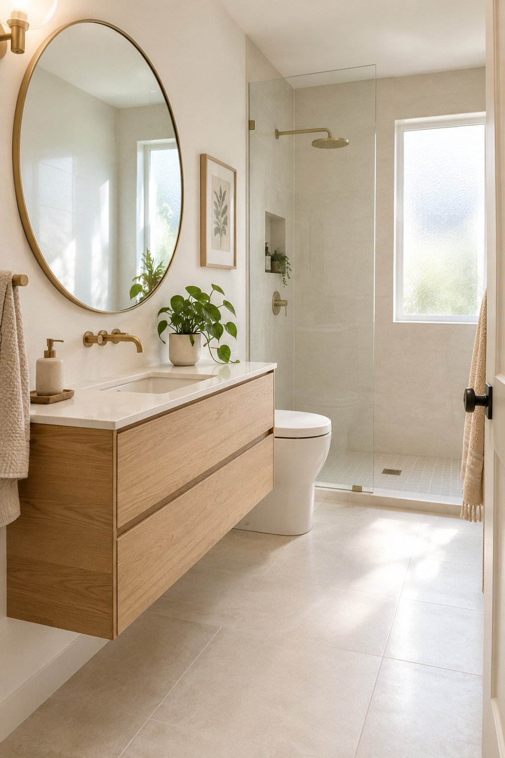 Tiny bathroom ideas shown in a small bright bathroom with a large mirror, light walls, and a floating vanity