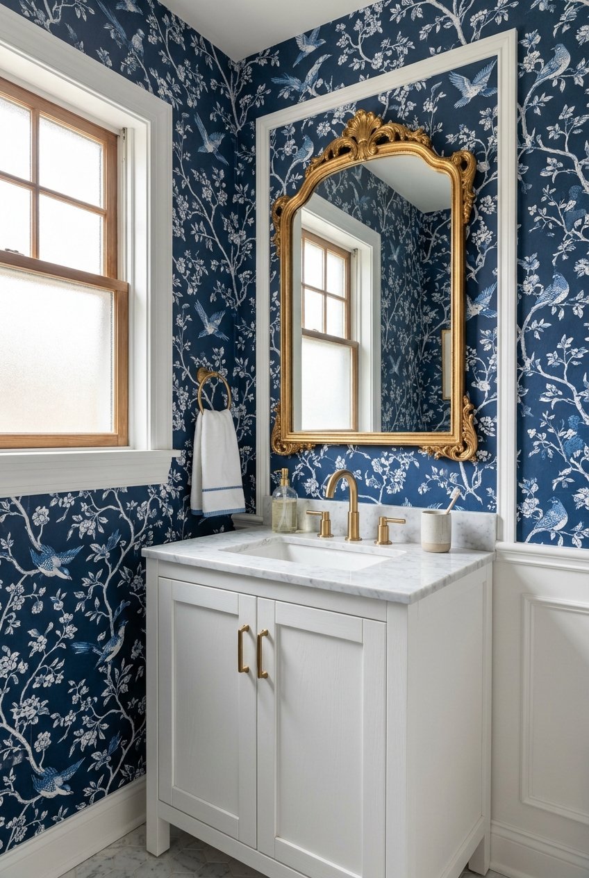 Blue and white chinoiserie wallpaper in a small bathroom