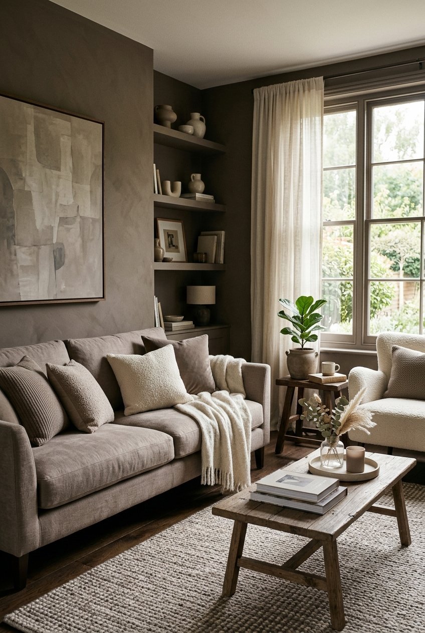 Rich tonal color palette in deep taupe and cream in a luxury living room