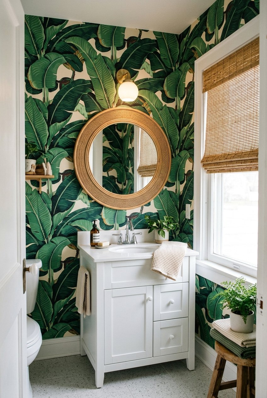 Tropical banana leaf wallpaper in a small bathroom with a rattan mirror
