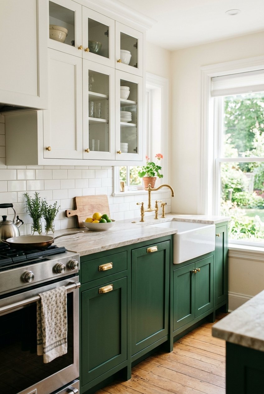 Two-tone kitchen with dark green lower cabinets and white upper cabinets