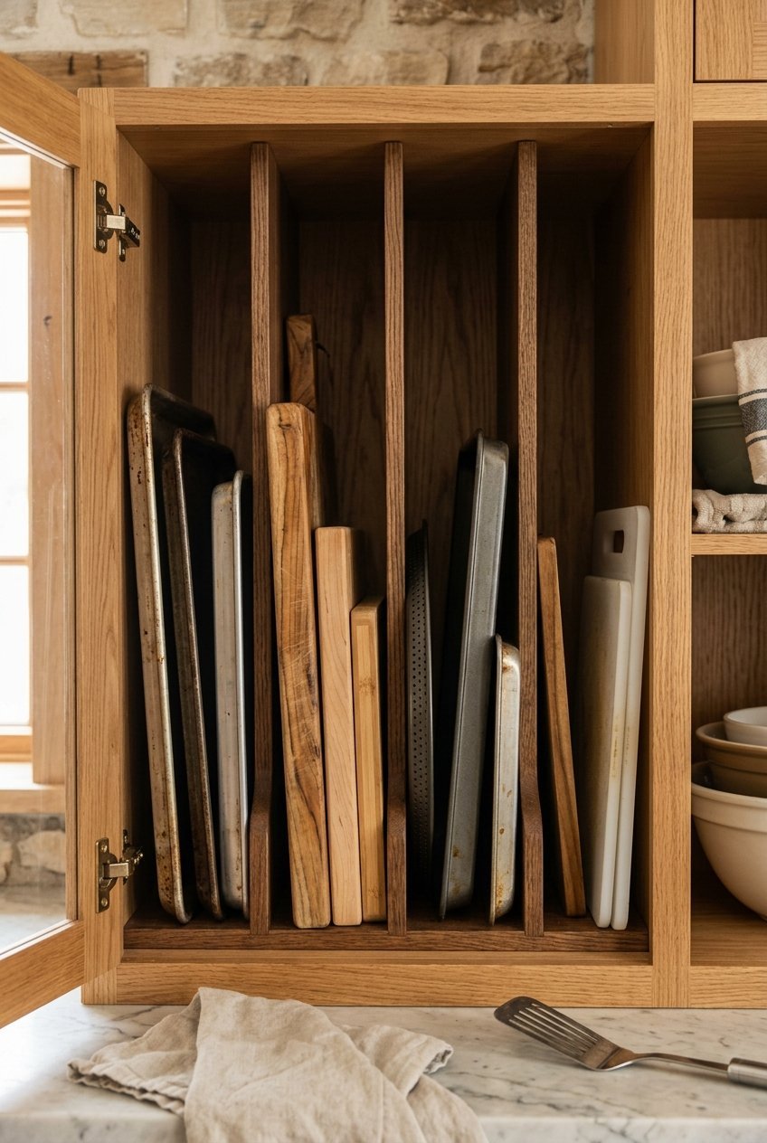 Vertical dividers organizing baking trays in a kitchen cabinet