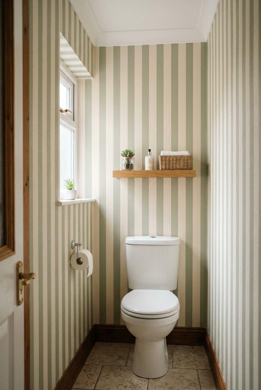 Vertical stripe wallpaper making a small bathroom ceiling look taller
