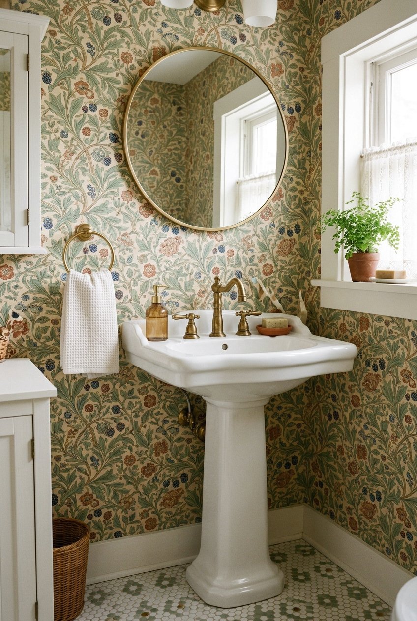 Vintage botanical wallpaper in sage green and terracotta in a small bathroom