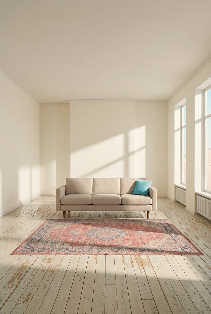 Vintage Persian style rug with faded red and blue tones in a living room