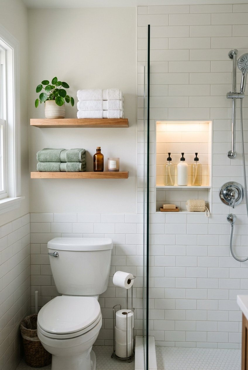 Wall mounted shelves and a recessed niche for storage in a small bathroom