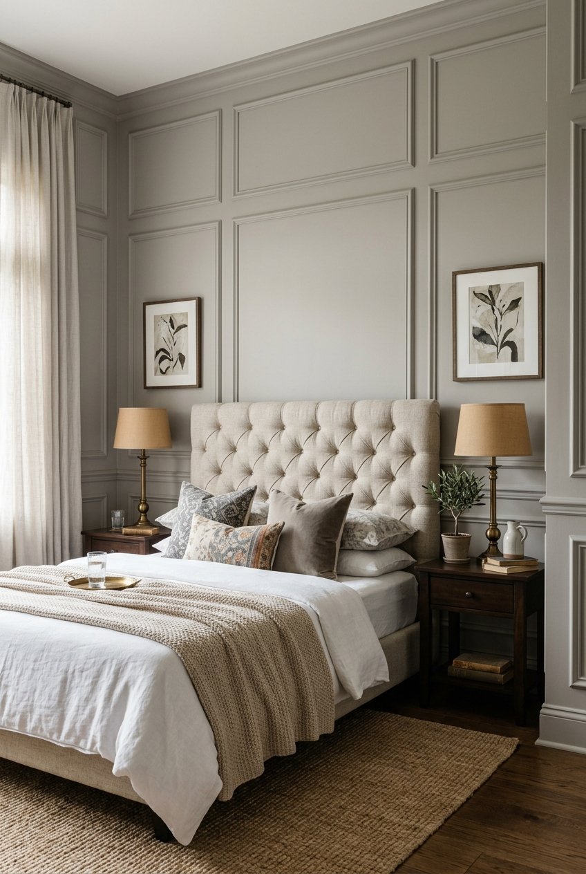 Wall paneling and millwork detail in a luxury bedroom