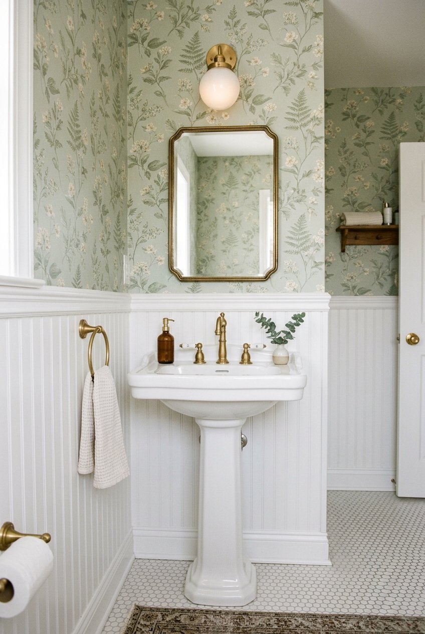 Wallpaper above white wainscoting paneling in a small bathroom
