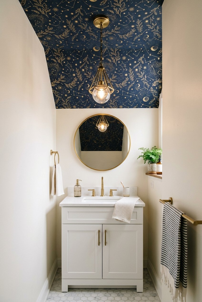 Wallpapered ceiling in a small bathroom with plain painted walls