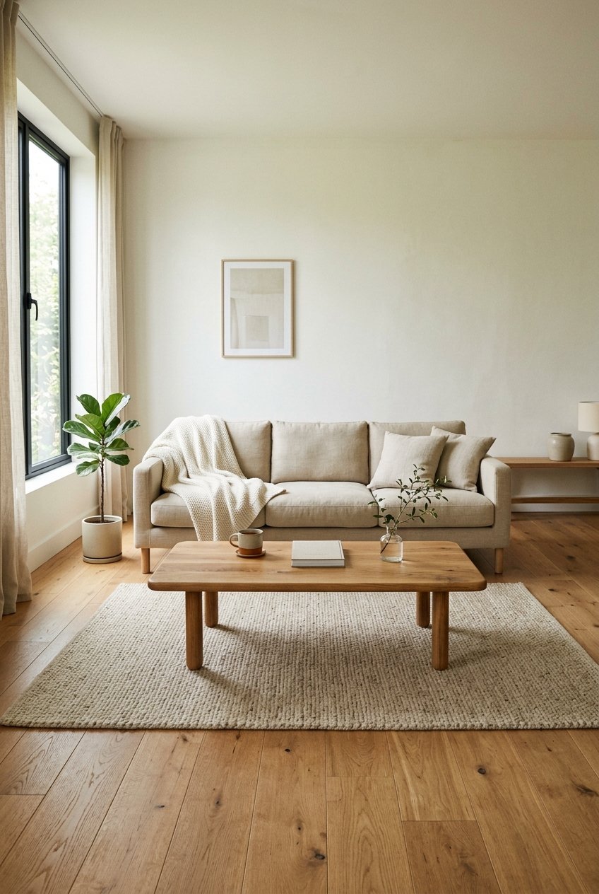 Warm wood tones balancing a minimalist living room