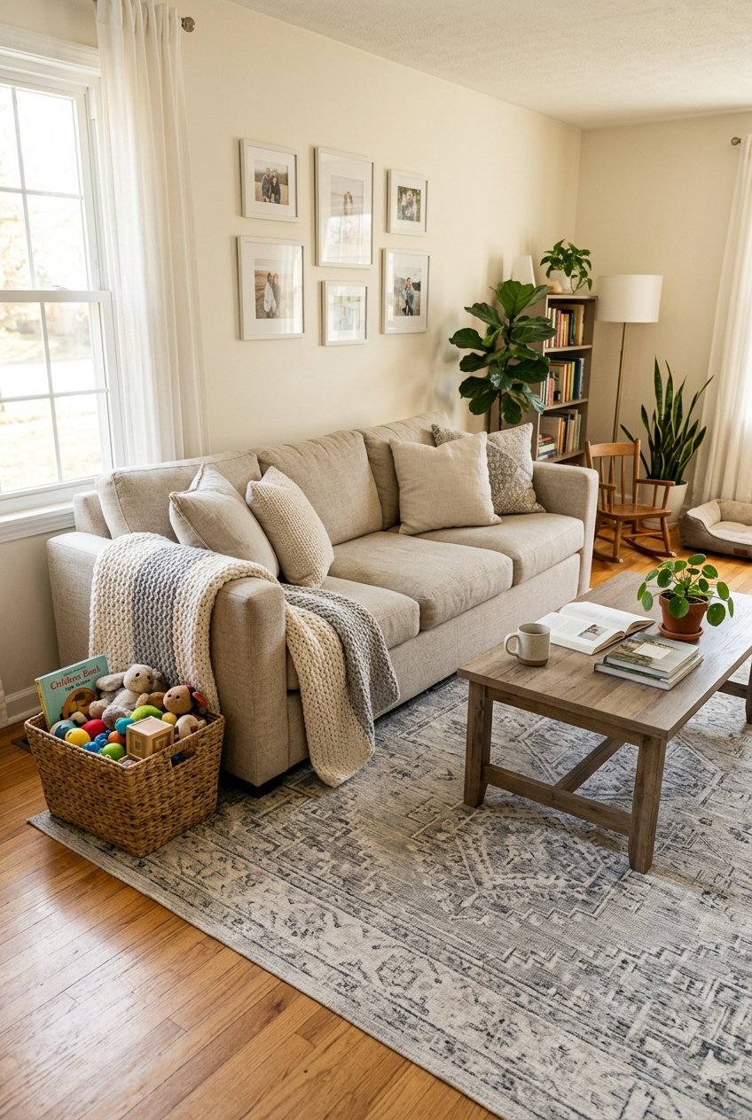 Washable low pile rug in a family living room with a coffee table