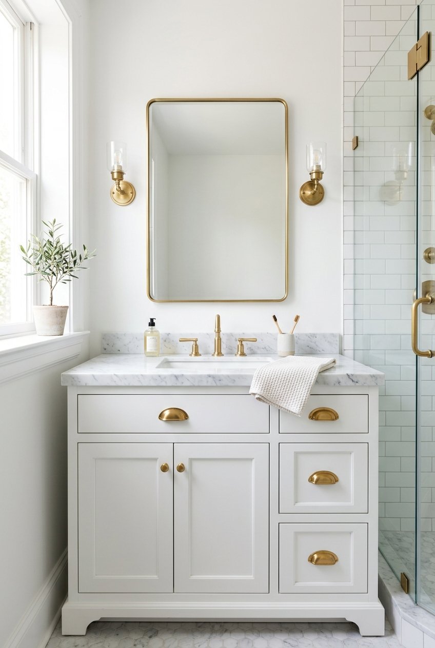 Classic white bathroom vanity with brass hardware