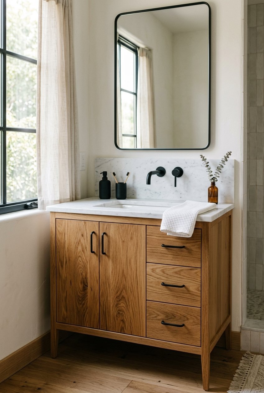 Warm wood bathroom vanity with natural oak grain