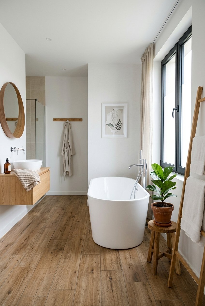 Wood look porcelain plank tile on a bathroom floor beside a freestanding tub