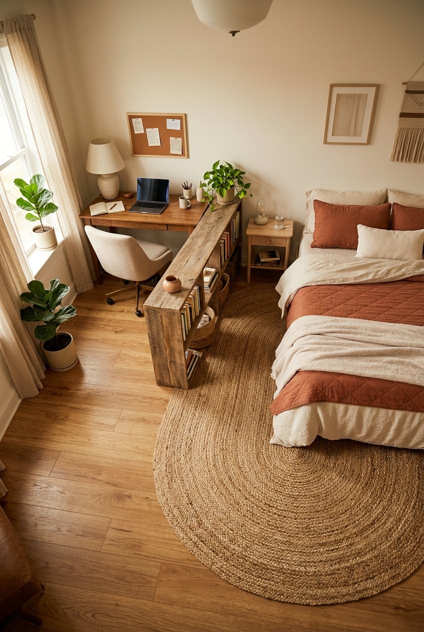 Rug and furniture layout zoning the work area and sleep area in a dual purpose room